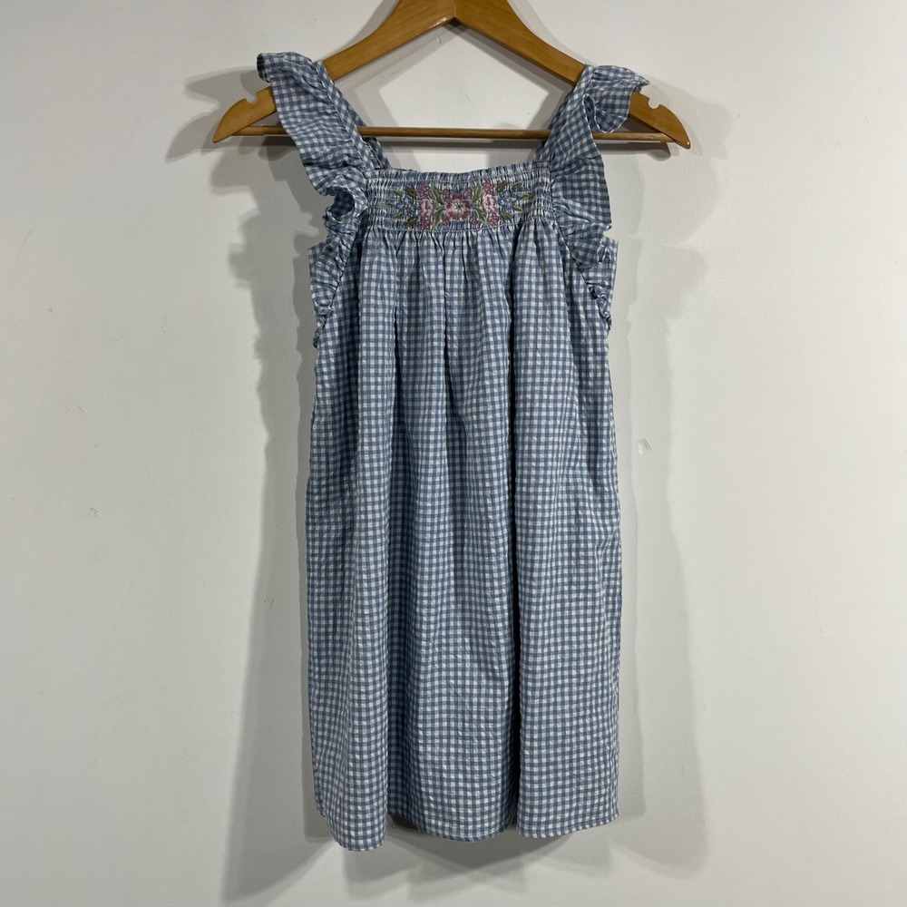 Janie and Jack Girls Blue Gingham Smocked Floral Embroidered Ruffle Dress Size 8